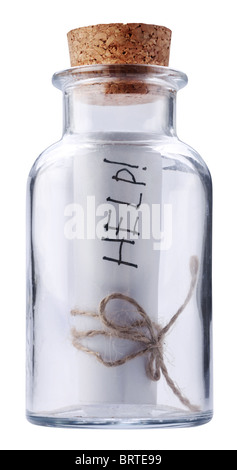 Help message corked into the bottle. Isolated on a white. Stock Photo