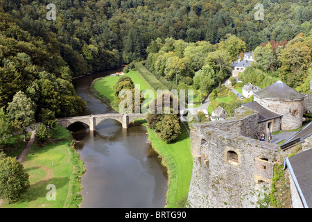 Bouillon castle sits above the town, in a sharp bend of the river Semois in the Walloon region of  Belgium. Stock Photo