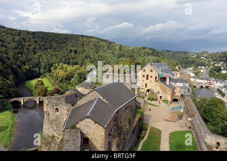 Bouillon castle sits above the town, in a sharp bend of the river Semois in the Walloon region of  Belgium. Stock Photo