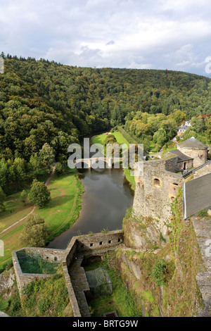 Bouillon castle sits above the town, in a sharp bend of the river Semois in the Walloon region of  Belgium. Stock Photo