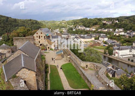 Bouillon castle sits above the town, in a sharp bend of the river Semois in the Walloon region of  Belgium. Stock Photo