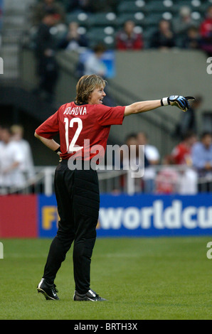 Russia goalkeeper Alla Volkova gestures during a 2003 Women's World Cup quarterfinal soccer match against Germany.