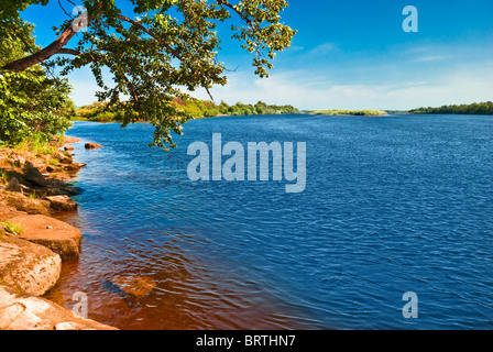 Deep blue river bank with yellow rocks and green trees overhanging the water. Zeya river, Russia Stock Photo