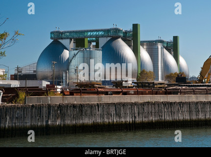 Digester Eggs at the Newtown Creek Wastewater Treatment Plant in Brooklyn, NY Stock Photo