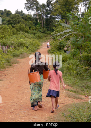 CAMBODIA Mother and daughter walking to Katot village, inhabited by the Prov tribal group, Stung Treng district. Stock Photo