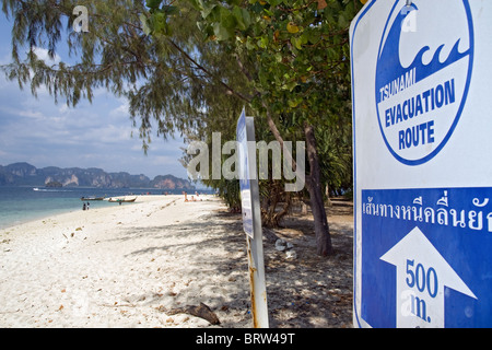 Warning sign Tsunami on Koh Poda in Andaman Sea - Thailand Stock Photo