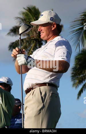 South Africa's Ernie Els looks down the fairway during a practice round prior to The 2005 Sony Open In Hawaii. Stock Photo