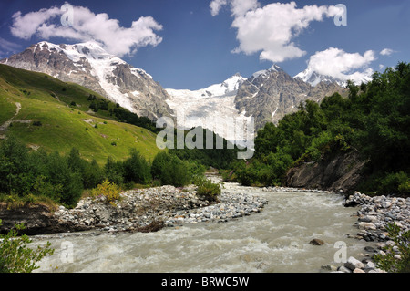 Famouse glacier river crossing place in Svaneti with beautiful view at Adishi glacier Stock Photo