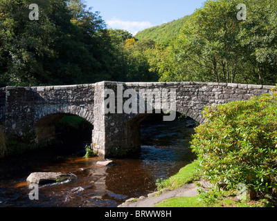Fingle Bridge over the River Teign in Dartmoor National Park. Drewsteignton, Devon, England. Stock Photo