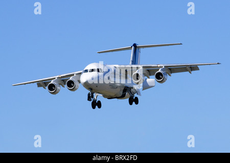 British Aerospace BAe 146-200 operated by BAE Systems on approach for landing at London Farnborough Airport Stock Photo