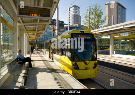 Sign at Metrolink tram station at MediaCityUK, Salford Quays ...