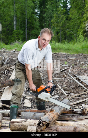 The man in wood saws a tree a chain saw Stock Photo