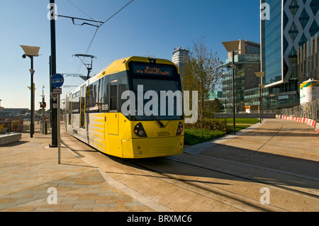 M5000 Flexity Swift tram near the Metrolink station at MediaCityUK, Salford Quays, Manchester, England, UK. Stock Photo