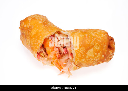 An eggroll cut in half showing its ingredients on white background cutout Stock Photo