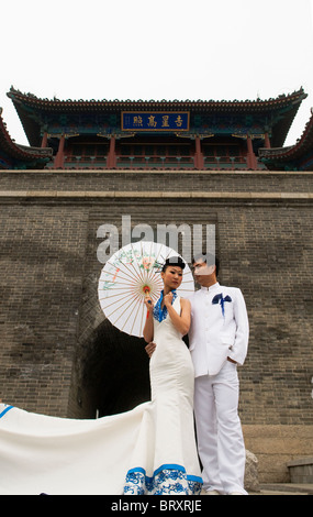 Newlyweds in Shanhaiguan, China. Stock Photo