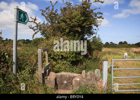 Old stone stile and footpath sign on a country walk. Isle of Anglesey, North Wales, UK, Britain. Stock Photo