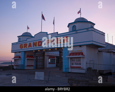 The entrance to the rebuilt Grand Pier at Weston-super-Mare undergoing final preparations for it's imminent reopening. North Somerset, England. Stock Photo