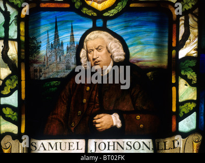 Dr. Samuel Johnson, stained glass portrait at Gough Square, London. Litchfield Cathedral in background window windows English Stock Photo