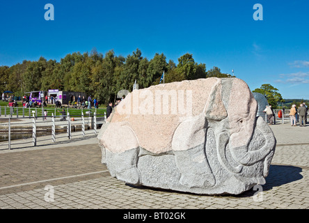 Ronald Rae granite sculpture Elephant Family on display at the Falkirk Wheel near Falkirk in central Scotland Stock Photo