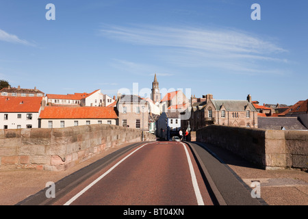 View along the narrow 17th century Old Bridge to border town of Berwick upon Tweed Northumberland England UK Britain. Stock Photo