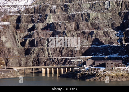 Entrance to Dinorwig Hydroelectric Power Station in disused Dinorwic slate quarry across Llyn Peris reservoir. Llanberis, Gwynedd, North Wales, UK Stock Photo