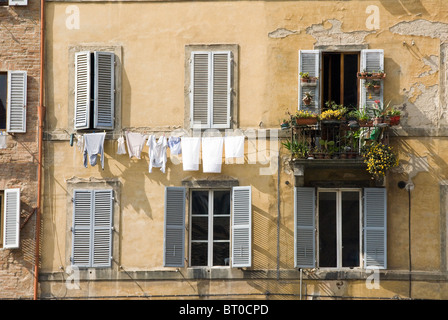 Windows shuttered, a line of washing and a balcony with flowerpots in Siena Tuscany Stock Photo