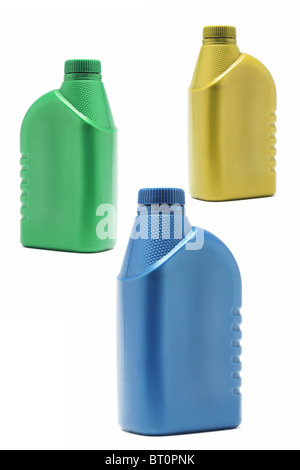 Three colorful plastic containers on white background Stock Photo