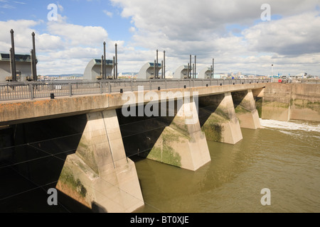 Cardiff Bay, South Wales, UK. Seaward view of Cardiff Barrage tidal flow control sluices separate fresh water in bay from sea Stock Photo