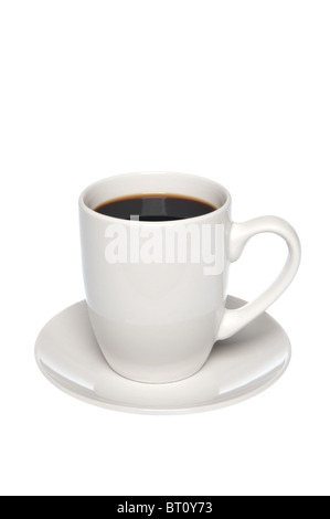 A cup of hot, black coffee on a saucer isolated on white. Stock Photo