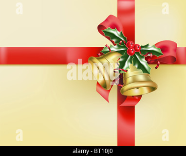 a christmas illustration of a gift wrapped present with a detailed bow, with bells and holly attached. Stock Photo