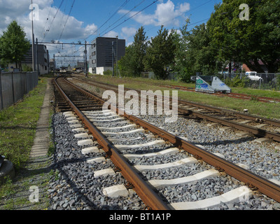 Railways tracks leading towards the station at Heerlen, The Netherlands. Stock Photo