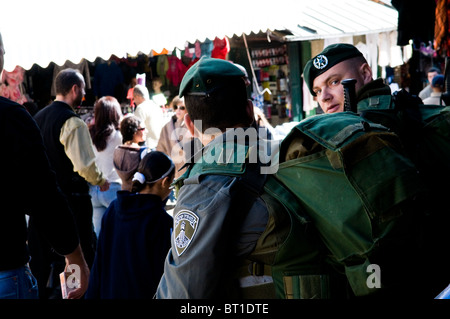 Israeli border police soldiers patrolling the old city of Jerusalem. Stock Photo