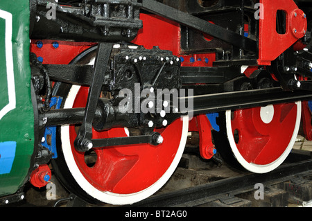 Drive mechanism and red train wheels of an old soviet steam locomotive Stock Photo