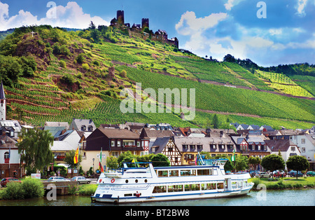 Moselle river valley.Cruise ship, Thurant Castle,vineyards.Alken,Germany. Stock Photo