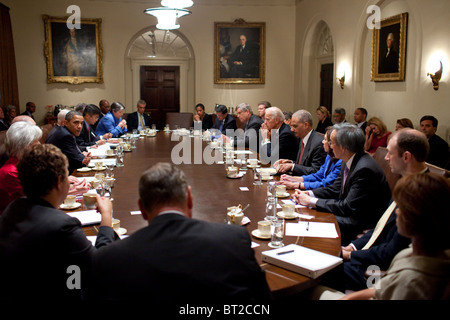 President Barack Obama meets with Cabinet members in the Cabinet Room of the White House, Sept. 15, 2010. Stock Photo
