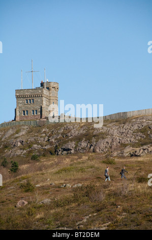 Canada, Newfoundland and Labrador, St. John's. Signal Hill and Cabot Tower Historic Site. Hilltop Cabot Tower, hiking trails. Stock Photo