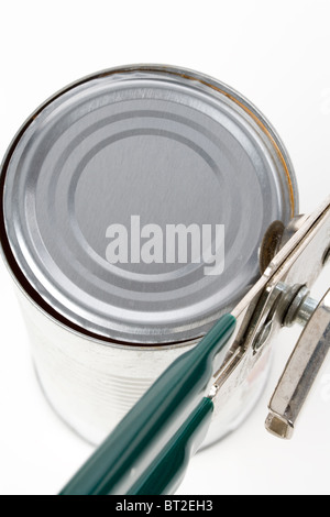 Metal Can and opener with white background Stock Photo