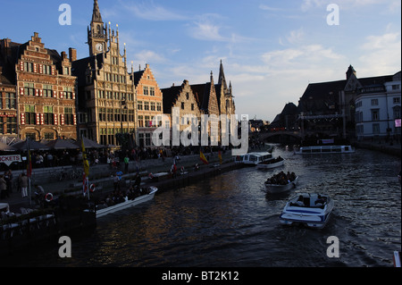 Medieval guild houses and Graslei quay, Ghent Stock Photo