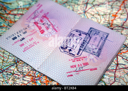 Passport with entry and exit stamps Stock Photo