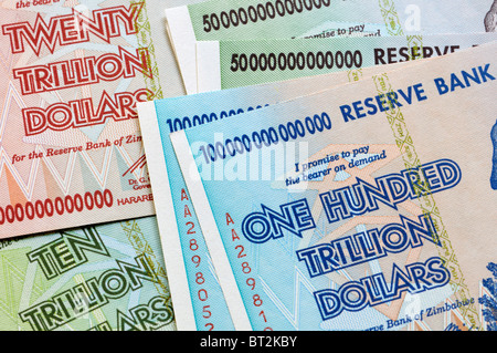 Zimbabwean hyperinflationary banknotes of 10 to 100 Trillion Dollars from 2008 Stock Photo