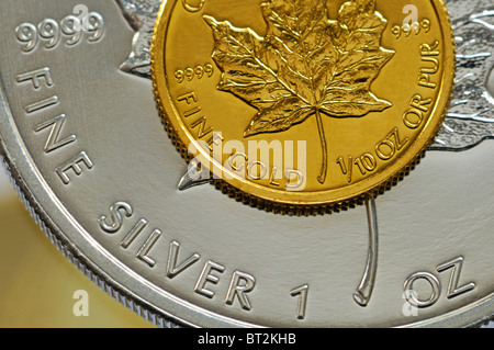 1/10th ounce pure gold bullion coin on 1oz pure silver coin of same design. Canadian Maple Leaf Stock Photo