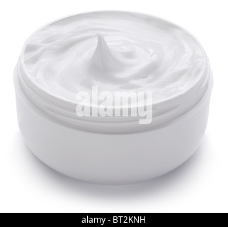 Opened plastic container with cream on a white background. Stock Photo