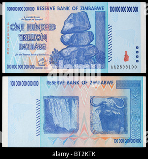 Zimbabwe One Hundred Trillion Dollar banknote 100,000,000,000,000, from 2008 period of Hyperinflation Stock Photo