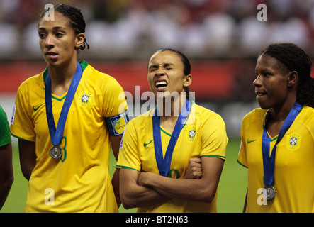 Marta of Brazil grimaces during the awards ceremony after Brazil was defeated by Germany in the 2007 Women's World Cup final. Stock Photo