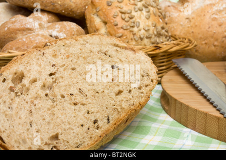 A selection of rustic organic handmade gourmet breads. Stock Photo