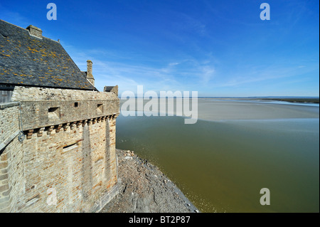 View from rampart over the bay at Mont Saint-Michel / Saint Michael's Mount abbey, Normandy, France Stock Photo