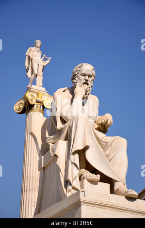 Statues of Socrates and Apollon outside Athens Academy, Panepistimiou str, Greece Stock Photo