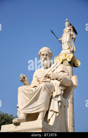 Statue of Platon and Athena outside Athens Academy, Panepistimiou str, Greece Stock Photo