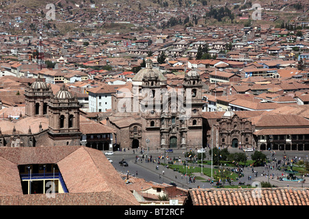 View of main Plaza de Armas square with cathedral (L) and La Compañia de Jesus church towers, Cusco, Peru Stock Photo