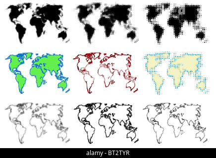 Set of illustrated halftone world maps Stock Photo